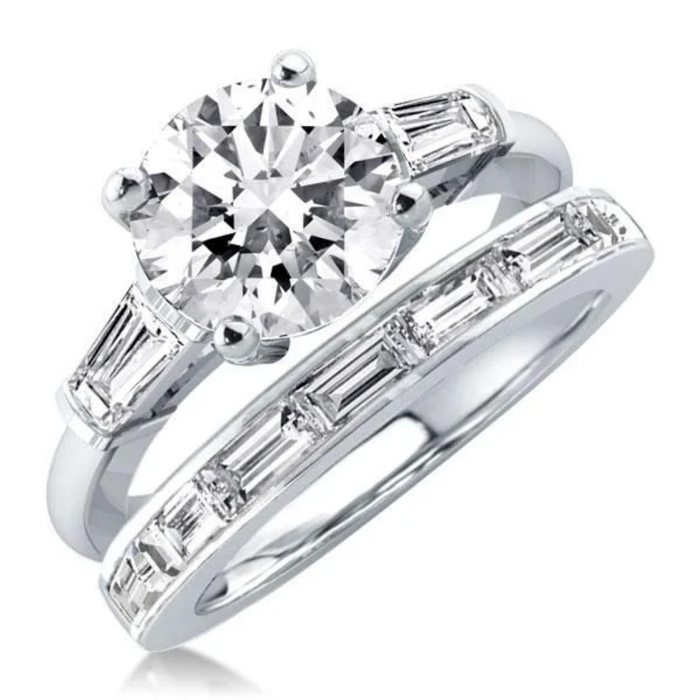 Italo Three Stone Round & Baguette Cut Bridal Set